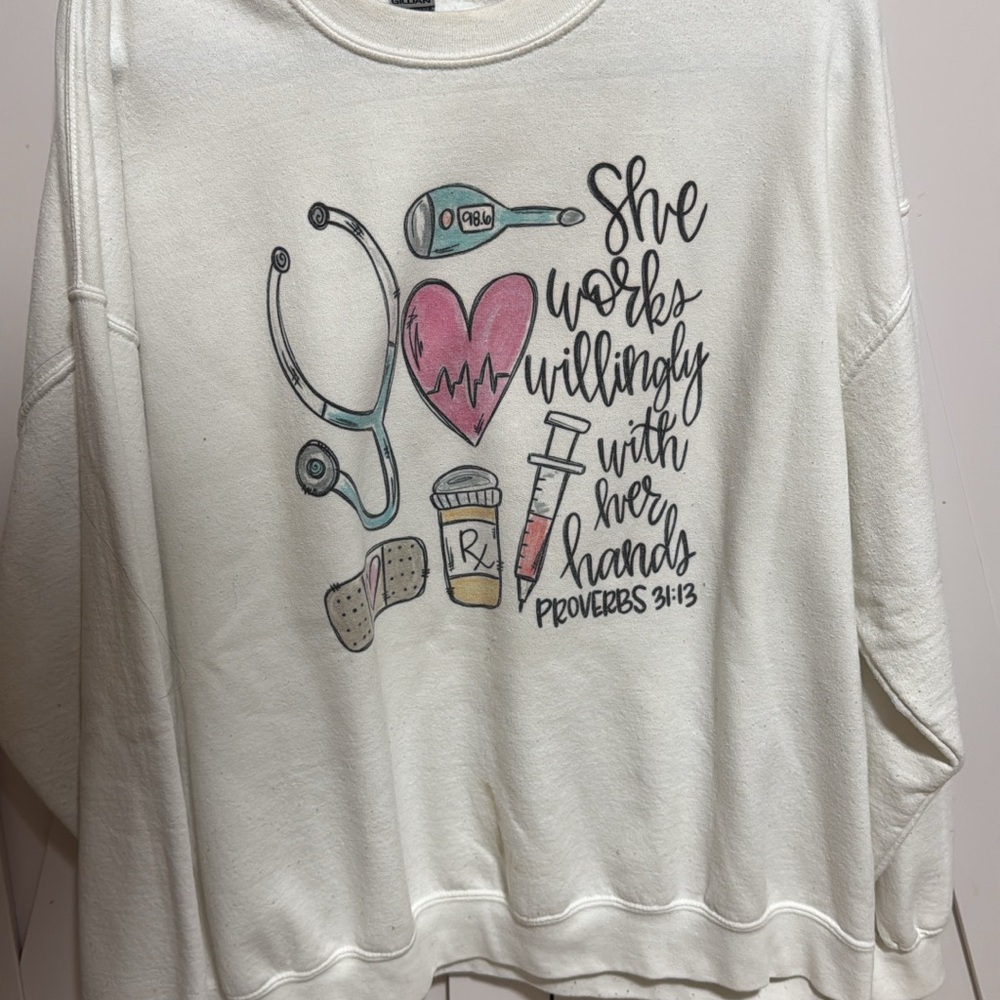 White Graphic Sweatshirt with Medical Theme